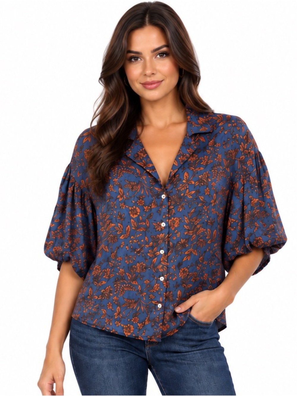 Women's Navy Floral Button-Front Blouse with Puff Sleeves